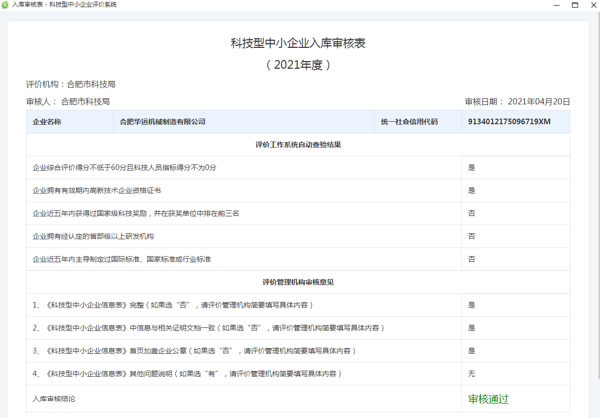 祝賀合肥華運(yùn)機(jī)械獲得“科技型中小企業(yè)”稱號